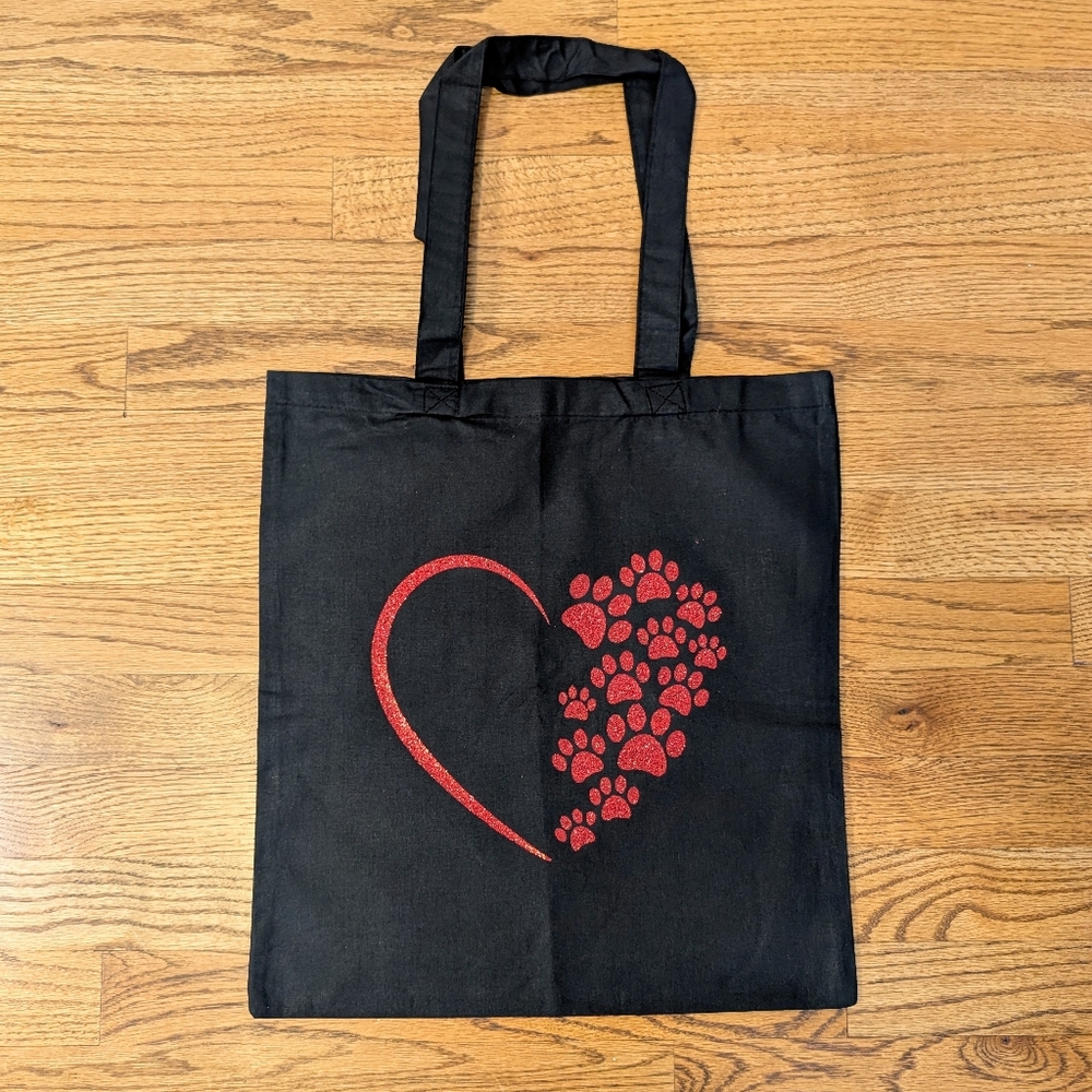 Handmade Paw Print Heart Tote Bag Black Cotton Red Glitter Decal Dog Lover Gift